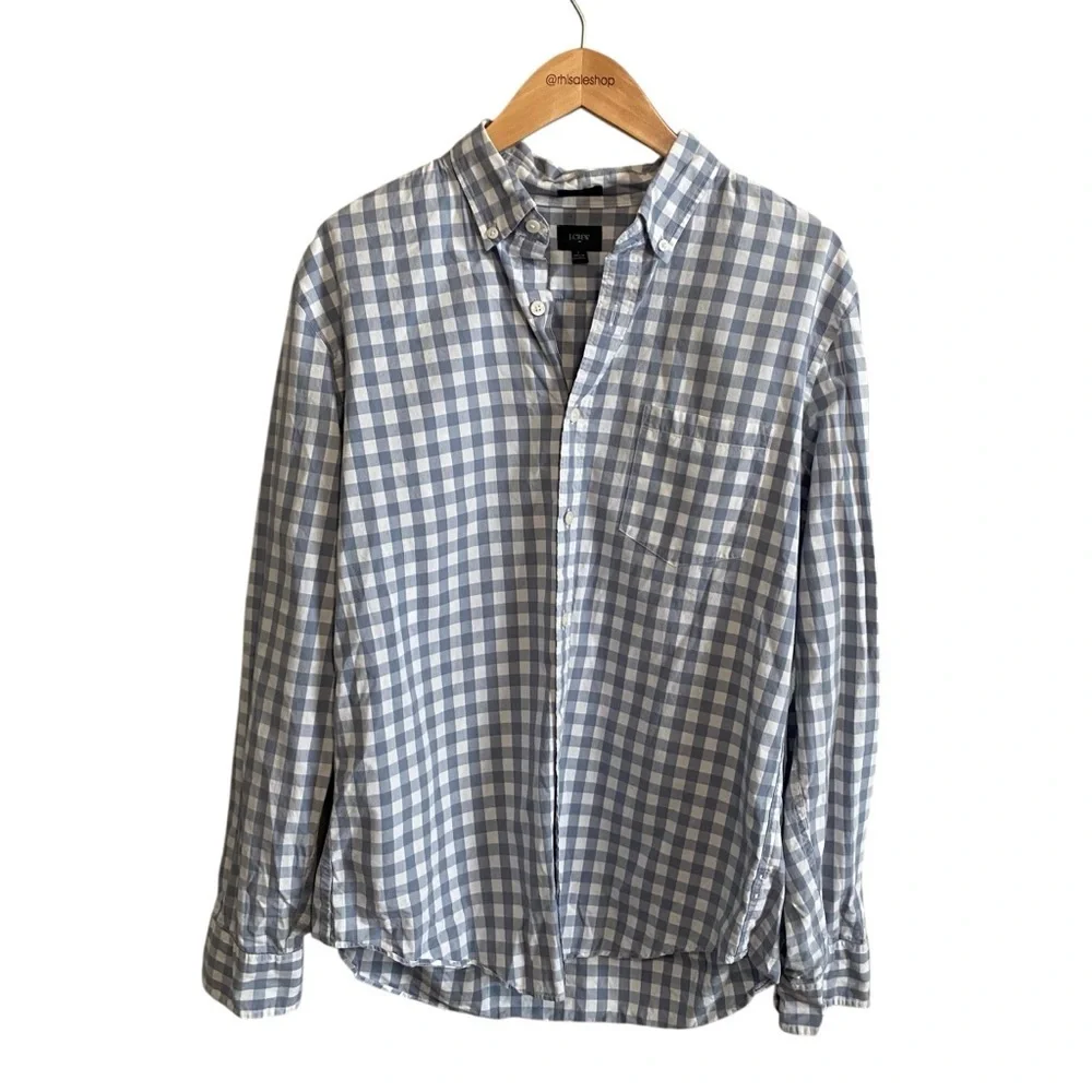 J.Crew White and Light Blue Gingham Plaid Slim Fit Button Down Shirt Size Large